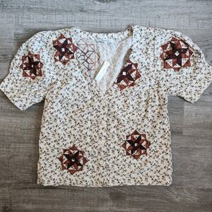 ✨NEW✨ Madewell Cream and Brown Puff Sleeve Graphic Blouse